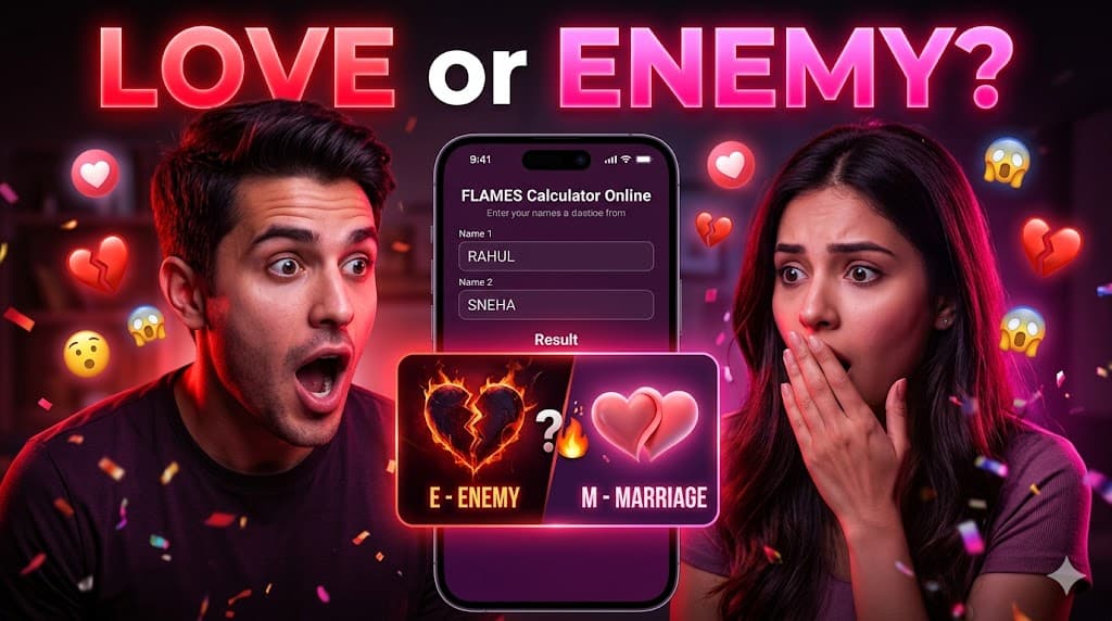 Free FLAMES Calculator Online 2026 β Love, Marriage, Enemy & Friendship Result Tool